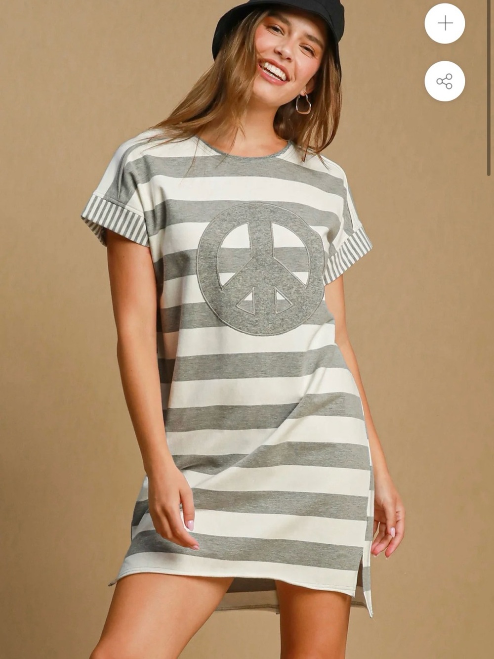 Umgee Peace Appliqué Striped Short Sleeve Mini Dress